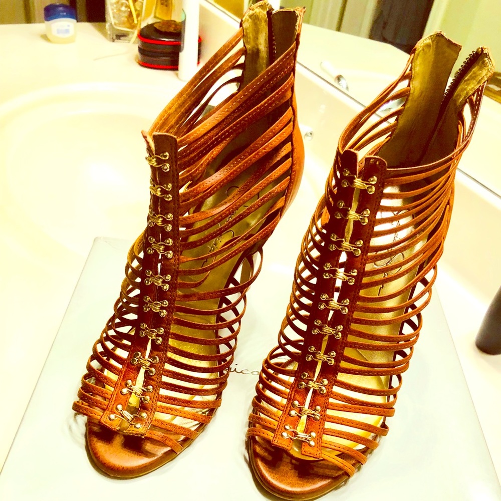 Jessica Simpson Tan Gold & Leather Peep Toe Boots